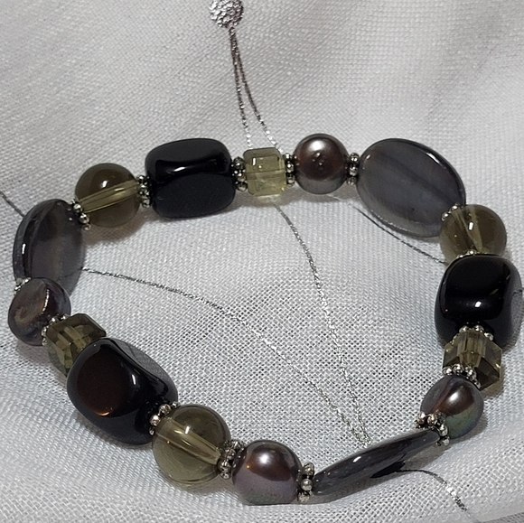 Park‎ Lane Madison Bracelet Black Grey Pearl Abalone 8.5" Stretch NWT - Picture 7 of 8